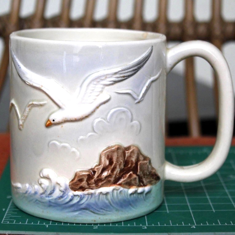 Vintage Otagiri Japan Seagull Mug Hand Painted Embossed Coastal Nautical Beach